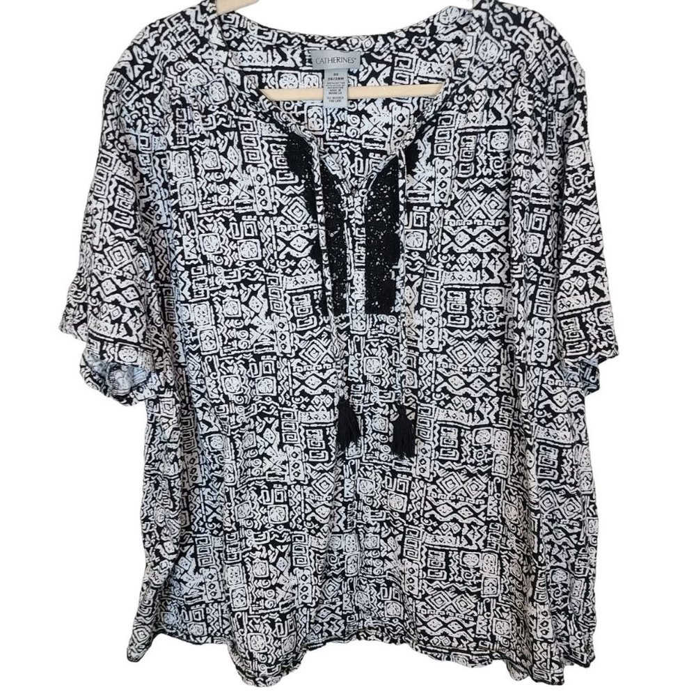 Catherines Womens 3X 26/28W Black White Geometric Tasseled Lace Blouse Top